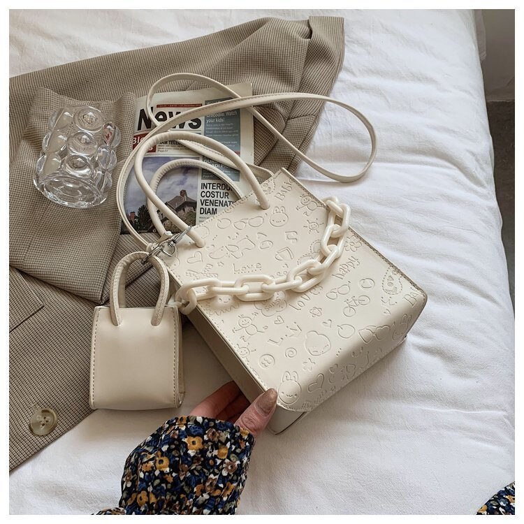 PU Leather Women Shoulder Bags 2Pcs Sets Ladies Handbags Teenage Girls Crossbody Bags Cartoon Print Purses for Women Bag: White