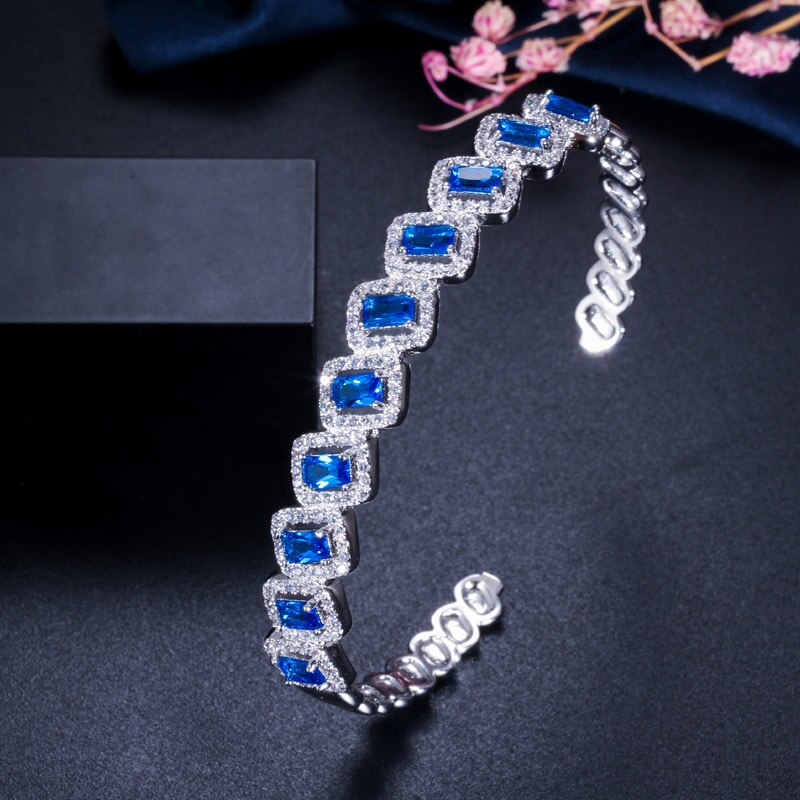 CWWZircons Silver Color Micro Pave Green Blue Cubic Zirconia Stone Love Open Cuff Ladies Bangles Jewelry for Wedding Party BG030: blue