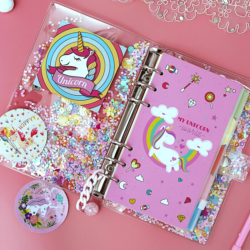 A5 A6 Cute Notebook Planner Set Sparkling Loose Leaf PVC Shell, Pink Unicorn Journal Diary Set Travel Agenda DIY Diary Girl