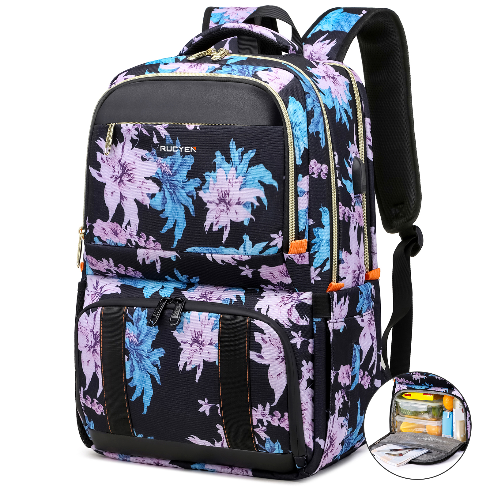 Lunch Backpack Insulated Cooler Picnic Bag Women's Camping Backpack Lunch Box with USB Port 15.6 Inch Laptop Waterproof Backpack: black