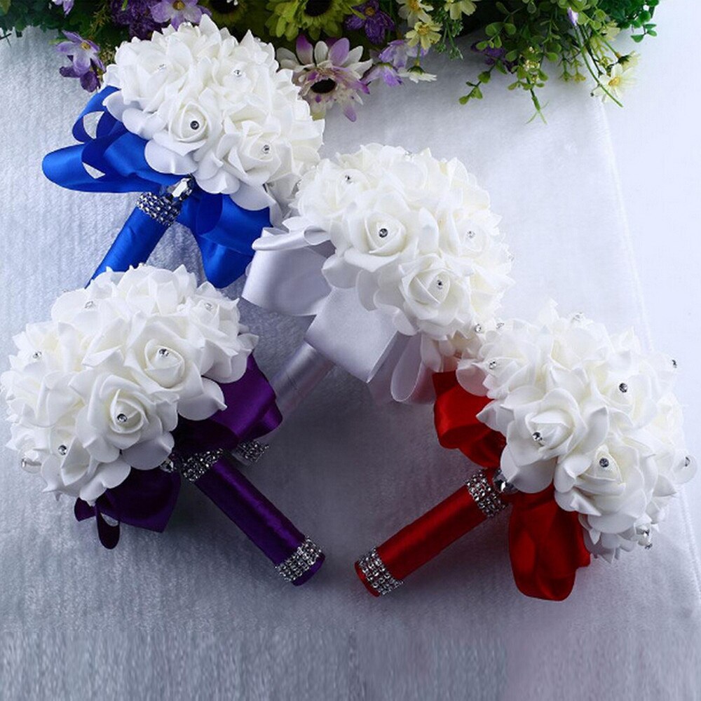 1Piece Cheap Bridesmaid Wedding Decoration Foam flowers Rose Bridal bouquet White Satin Romantic Party Garden bouquet#Y5