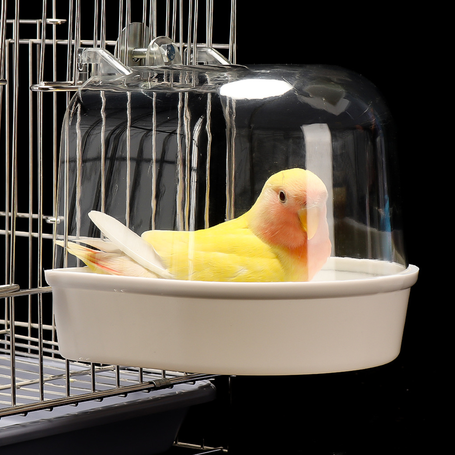Caja de baño colgante para pájaros, jaula para periquitos, bañera, accesorios para jaulas de pájaros, bañera para mascotas, compañero canario, loros, suministros para pájaros: Blanco