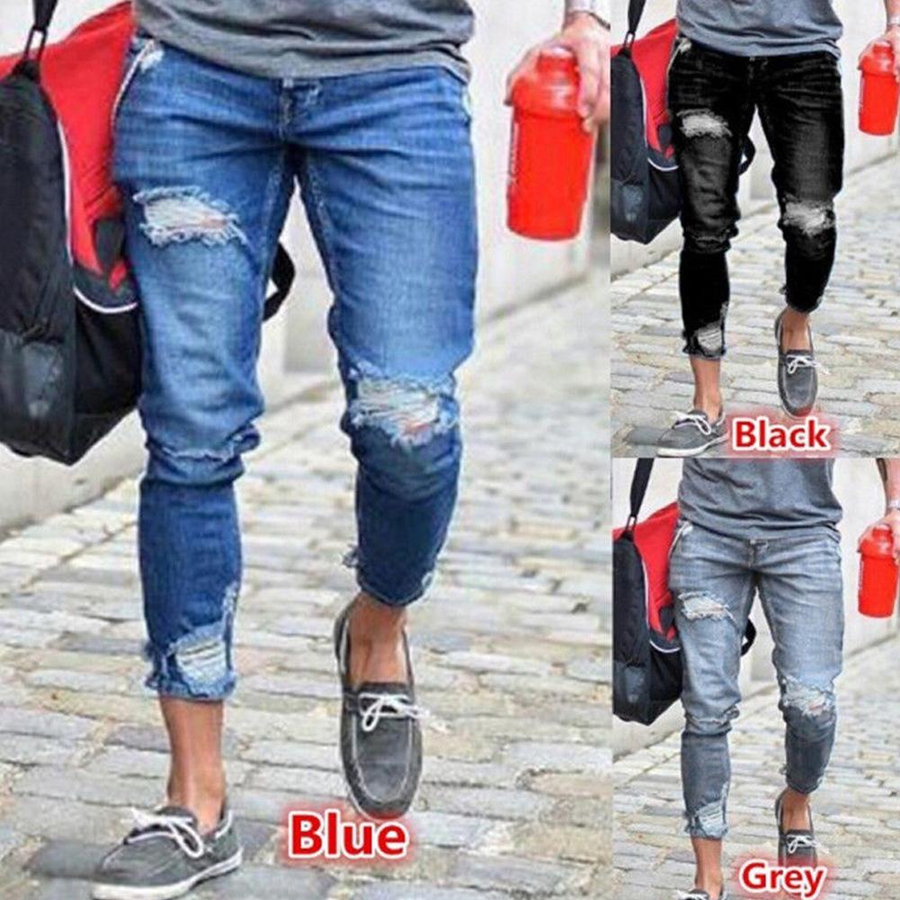 Arrived Men Biker Jeans Denim Ripped Holes Mid Waist Slim Supper Skinny Hip Hop Casual Jeans Men Clothes Plus Size O8R2