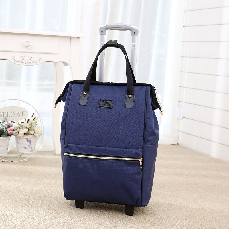 Women Large Capacity Travel Shoulder Tote Bag Spinner Multifunction Rolling Luggage Soft Oxford Lightweight Trolley Bag XA588F: Deep blue