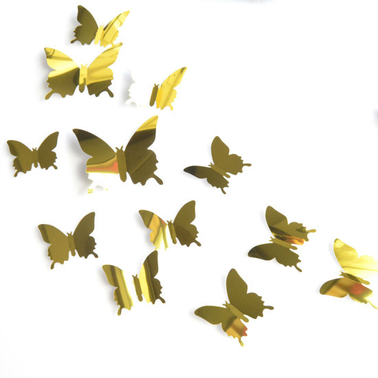 Espejo de mariposa 3D para decoración de la habitación de los niños, pegatina de pared, arte extraíble, decoración de boda, cristal, 12 unids/lote: Oro