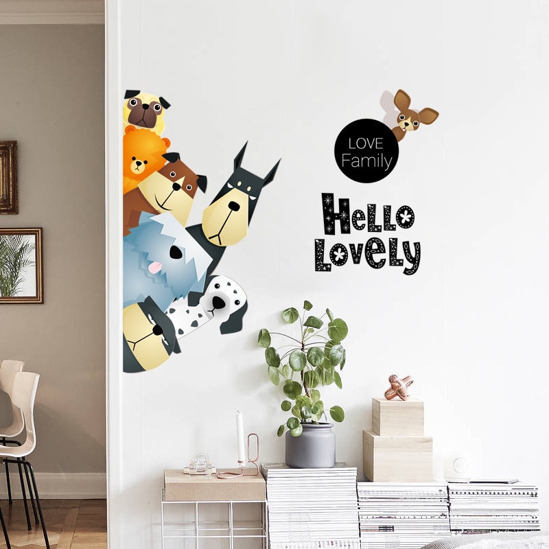 Cartoon Dogs Wall Stickers Lovely Family Vinyl Decals for Door Children Room Home Decor Door Sticker PVC Wall Decals/Adhesive