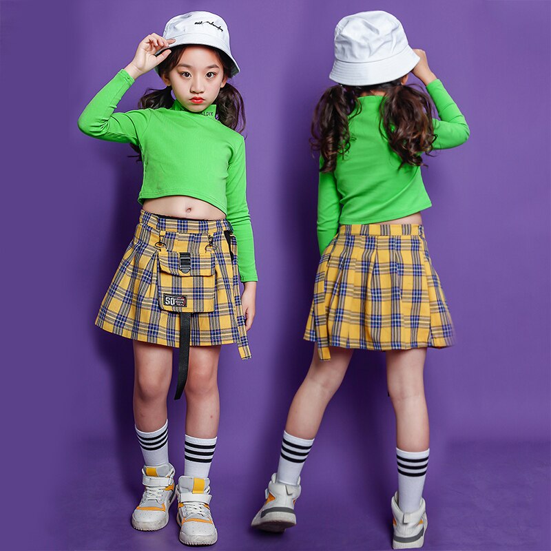 Kids Ballroom Hip Hop outfits Sweatshirt plaid Skirt dancing clothing Girls carnival Jazz Dance Costume Clothes Stage Wear