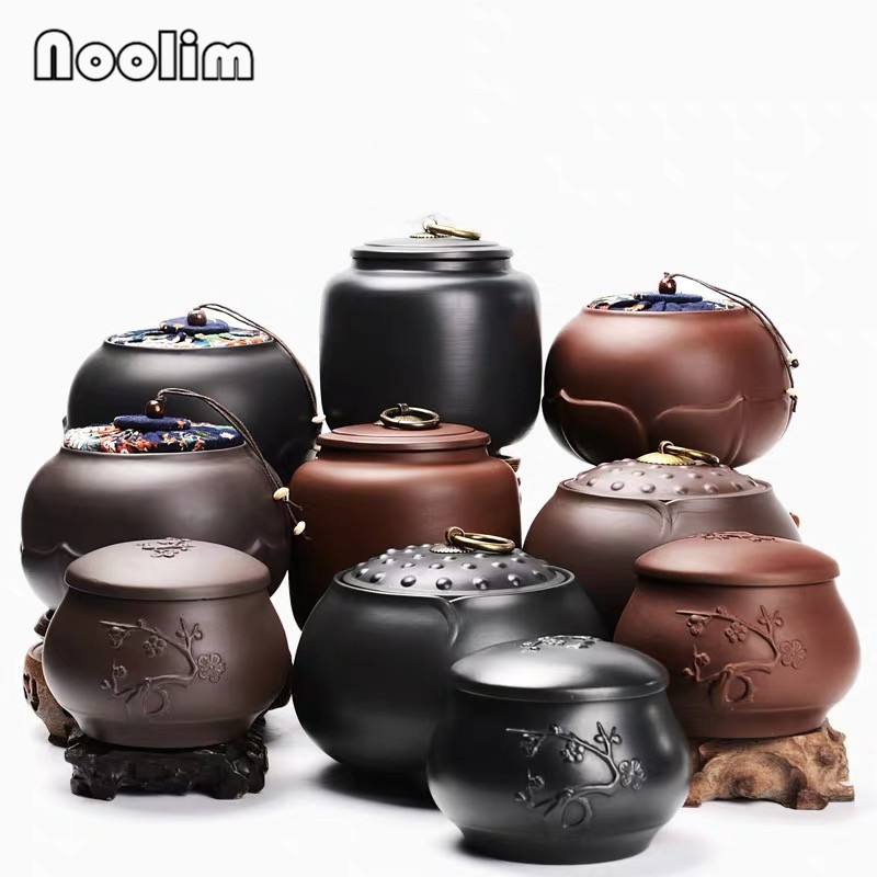 Botes de arcilla púrpura hechos a mano, frascos de especias sellados creativos, caja de almacenamiento de alimentos de cerámica con tapa, portátil, de viaje, Caddy de té Puer