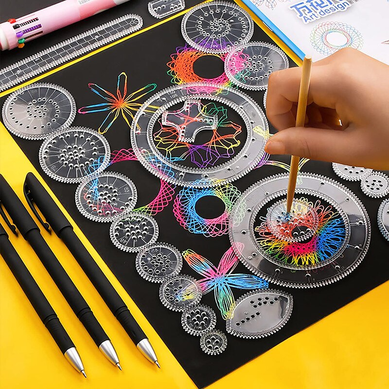 Rasguño de papeles de arcoíris, conjunto de dibujo de espirógrafo de engranaje clásico, plantillas de pintura geométrica de animales, reglas, juguetes artísticos para niños