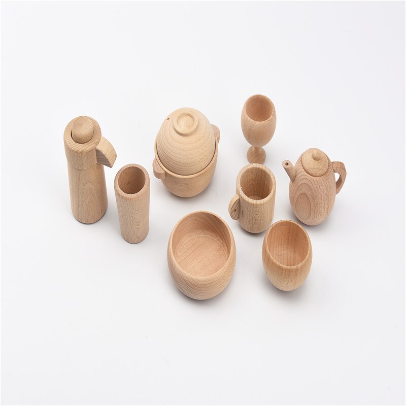 1-6 Years Old Wooden Unpainted Play House Kitchen Cooking Toy Teapot Teacup Red Wine Glass