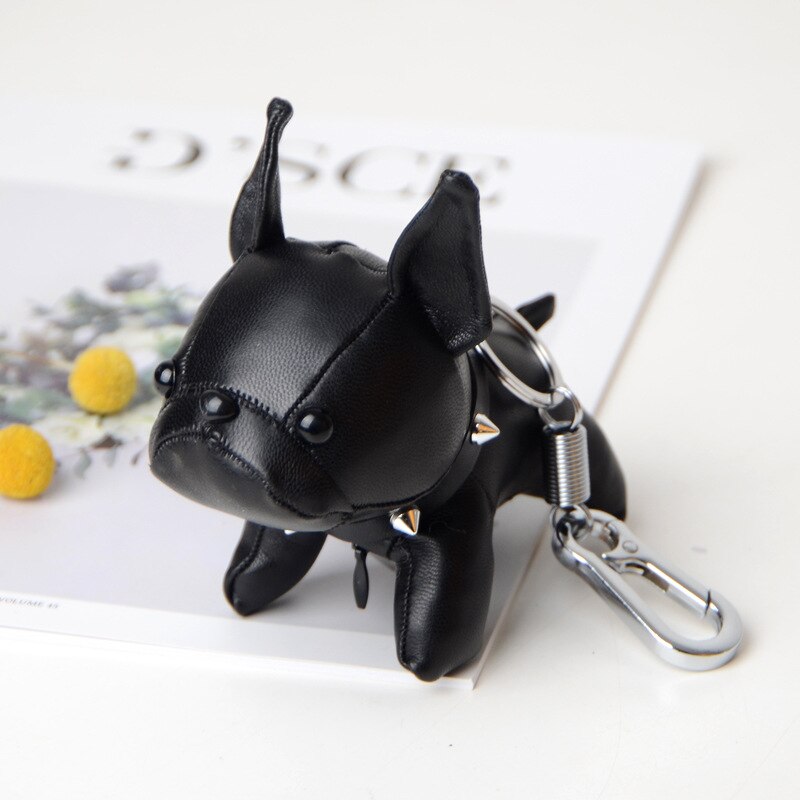 French Bulldog Keychain PU Leather Animal Dog Keyring Holder Bag Charm Trinket Chaveiros Bag Accessories Punk Style Pendant: black