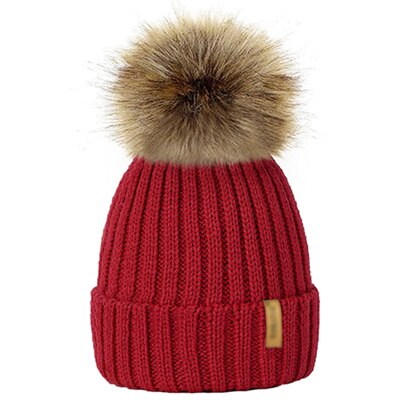 Ouder/kind dames mutsen warme winter pompom bont gebreide mutsen dames baby meisjes jongen bont pompom muts ski sneeuwmuts: Rood / Kinderhoed