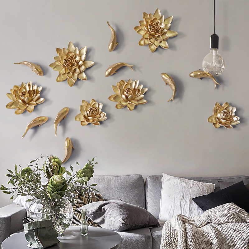 3D Stereo Harz Lotus Fisch Blumen Handwerk Dekoration Europäischen Wohnzimmer Hause Wand Hängen Fische Wandbild Kreative Wand Aufkleber