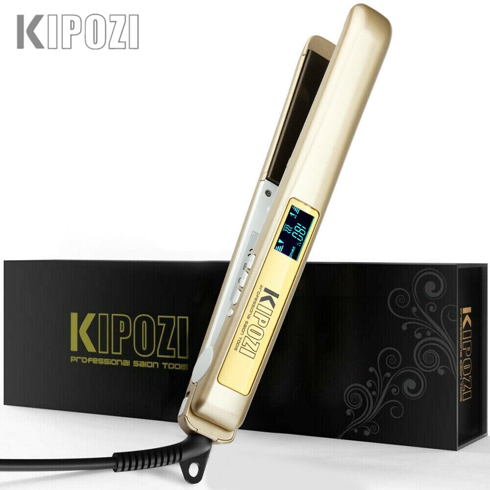 KIPOZI-plancha de pelo con placa de titanio, plancha plana con pantalla LCD Digital, herramienta para el cabello de calentamiento rápido de doble voltaje: Gold / EU