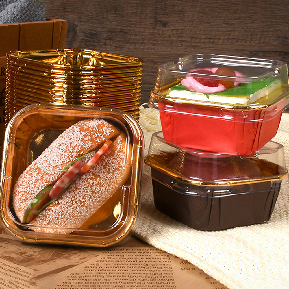 50 Stück quadratische Cupcake-Becher mit Deckel, Pudding-Becher, backfeste Einweg-Cupcake-Becher aus Folie, Muffin-Dosen für Hochzeitsbacken