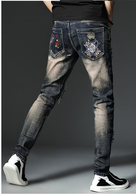 Patch herre klassisk broderi rock hip hop vintage blå rippet hul slim fit denim bukser stretch biker jeans til mænd