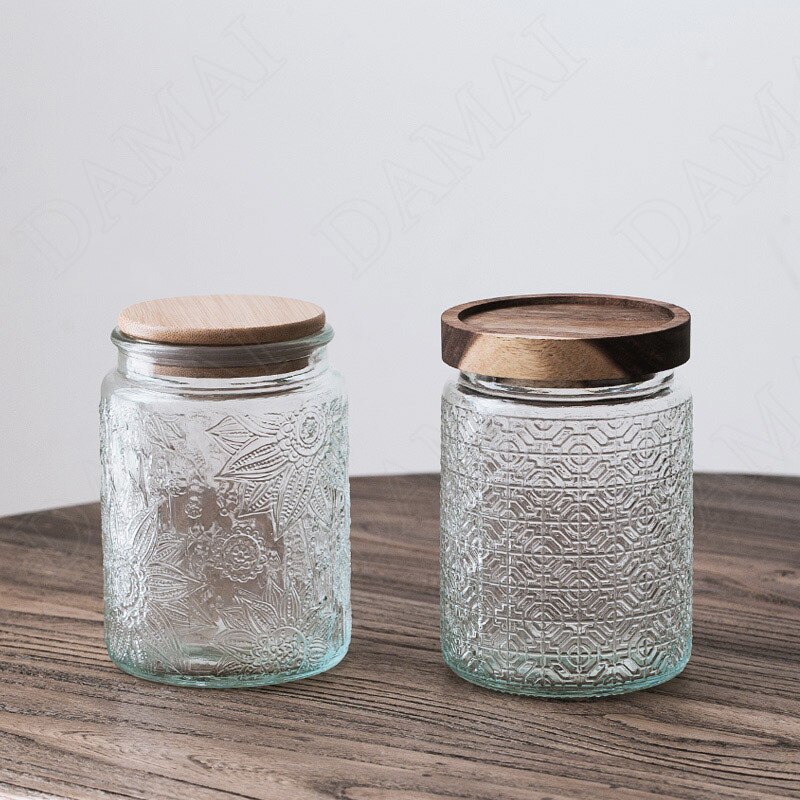 Relief Glass Storage Jar Carved Flower with Wooden Lid Sugar Crystal Jars Seal Tea Caddy Grain Dispenser Kitchen Supplies