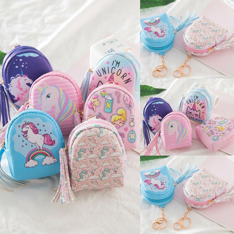 Monedero bonito para mujeres y niñas, monedero para tarjetas, bolsa de llaves, Mini bolso para chicas, estampado de dibujos animados de unicornio