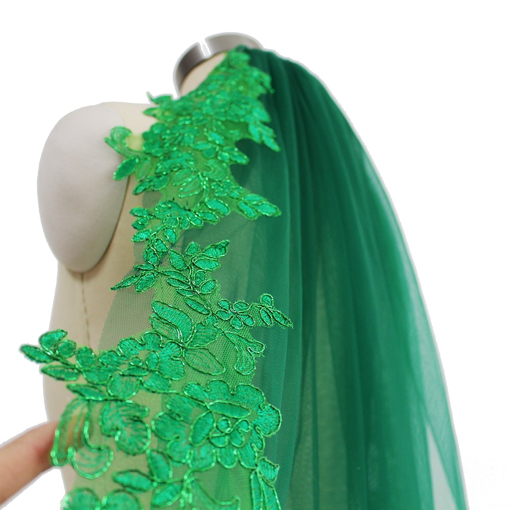 Real Pictures Green Lace Short Wedding Veil Beautiful One Layer Bridal Veil with Comb Muslim Arabic Voile De Mariee