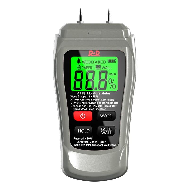 Medidor de humedad de madera, higrómetro de pared de papel, Detector de humedad de madera, probador de densidad de árbol gris, MT-18 R &amp; D,: Grey