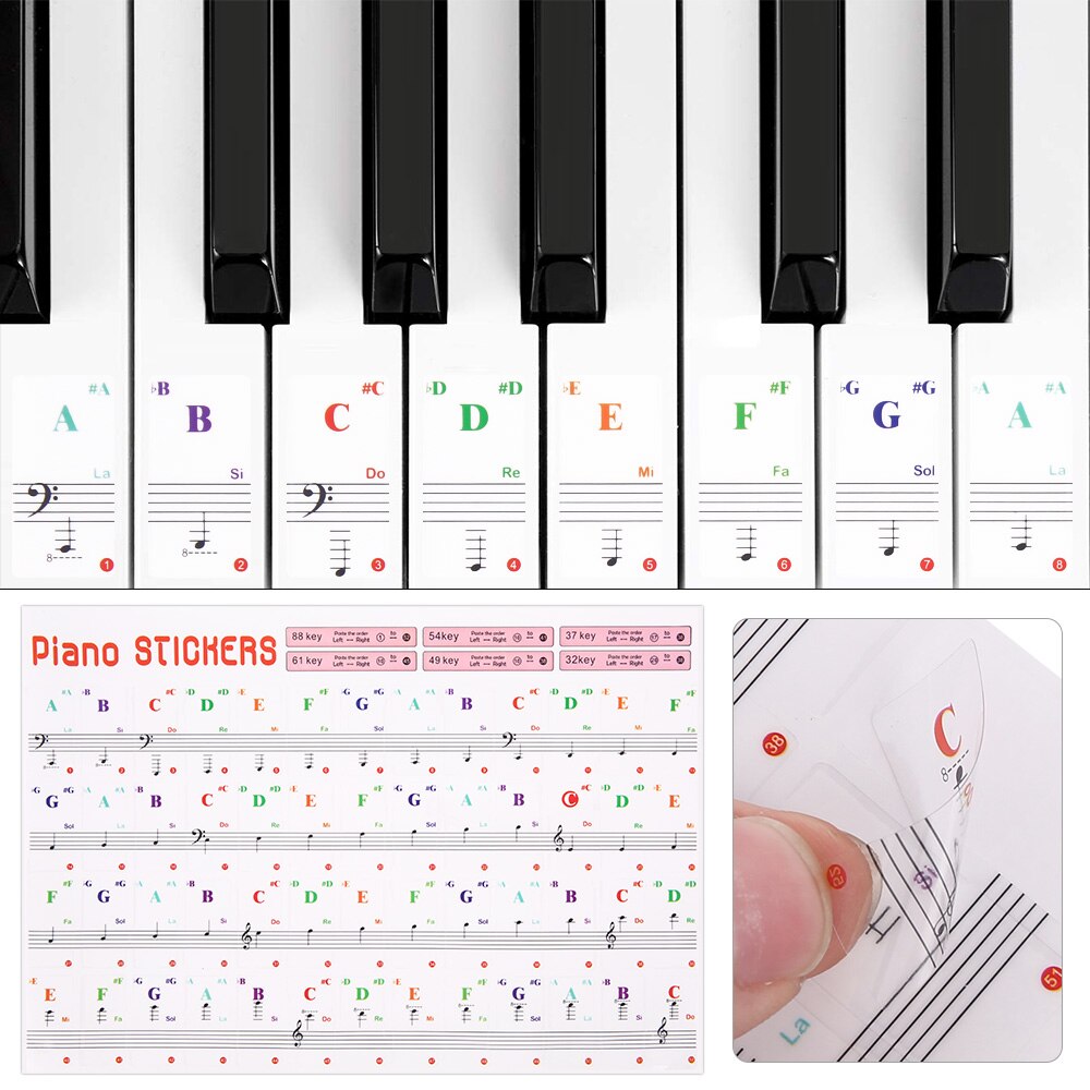 88/61/54/49 Transparent Piano Keyboard Stickers Electronic Keyboard Key Piano Stave Note Sticker Symbol for White Keys Sticker