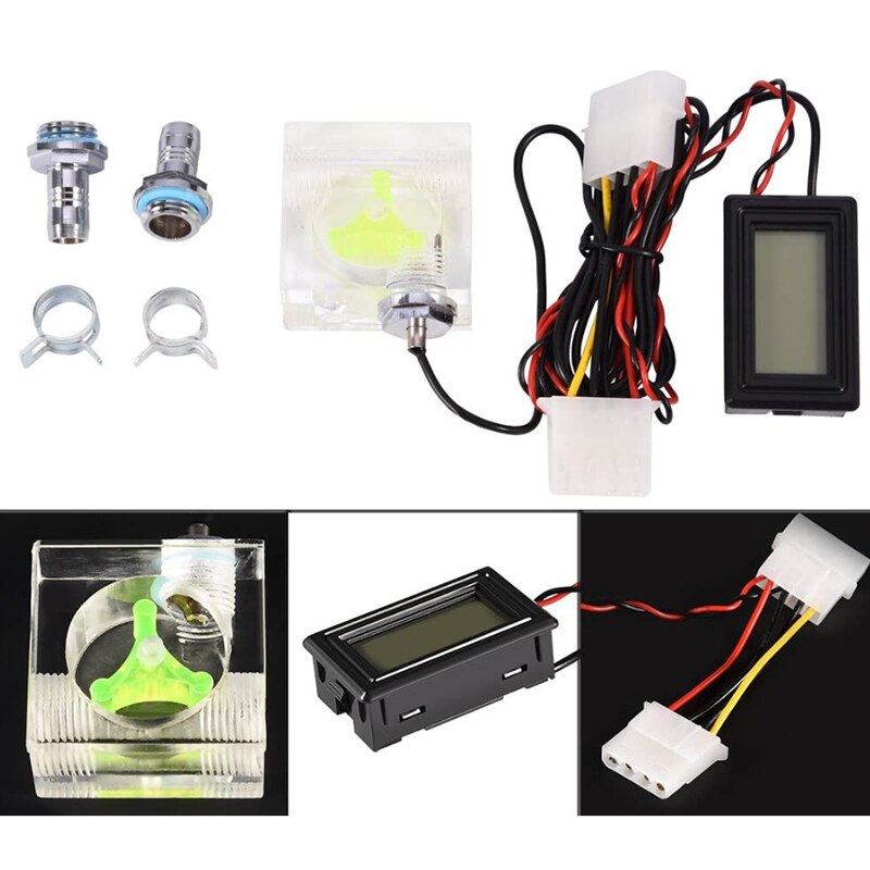 WSFS Pc 3 Way Flow Meter Digital Thermometer, Computer Water Cooling System Kit with Two Connectors andwith Pagoda Clip