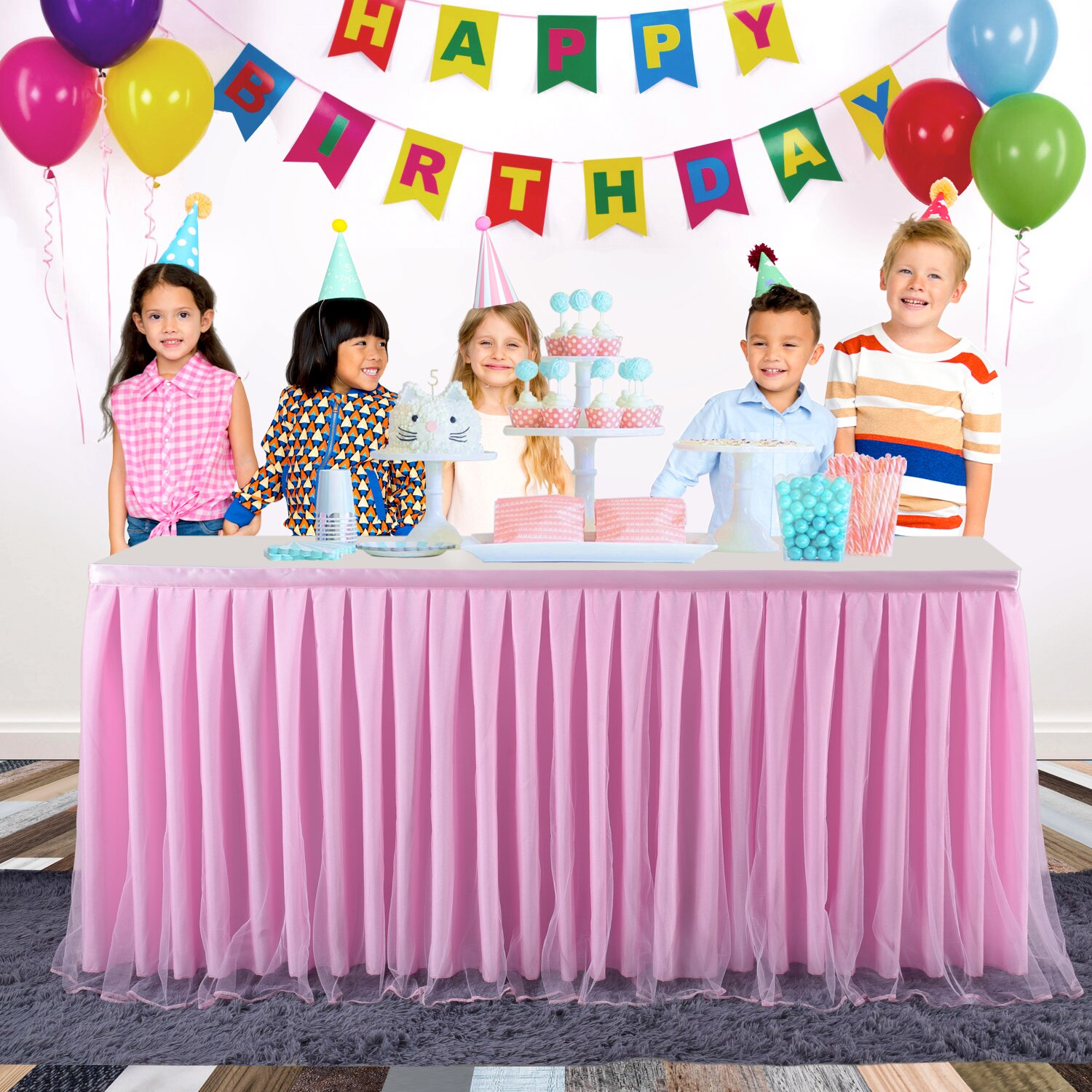 Falda de tul rosa para mesa, mantel de tela para banquete decoración para la mesa, falda para boda, cumpleaños, Baby Shower