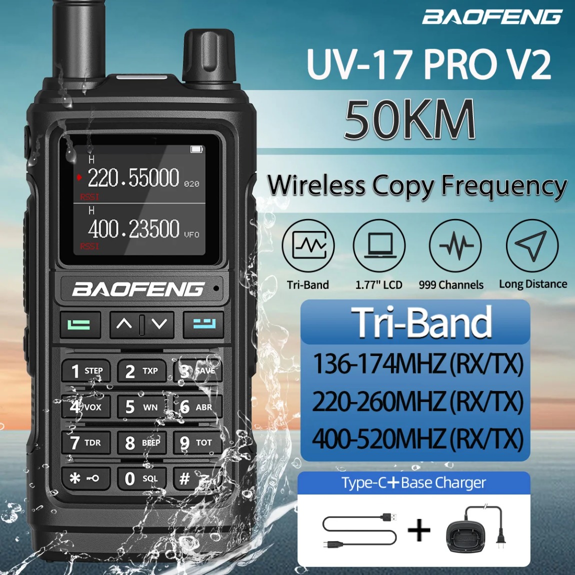 Baofeng UV-17 Pro V2 Walkie Talkie Tri Band Wireless Copy Frequency Long Range powerful Type-C UV-5R UV-21 Pro Ham Two Way Radio