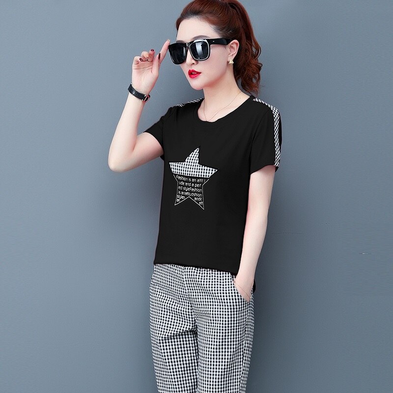 Summer Casual Tracksuit Pant Sets 2 Piece Set Women Short Sleeve T-shirt And Plaid Pants Suits: 1 / 4XL