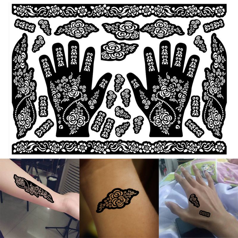 Plantillas de tatuajes de Henna, 1 hoja, plantillas de tatuaje para manos, pies, piernas y brazos, pintura corporal temporal