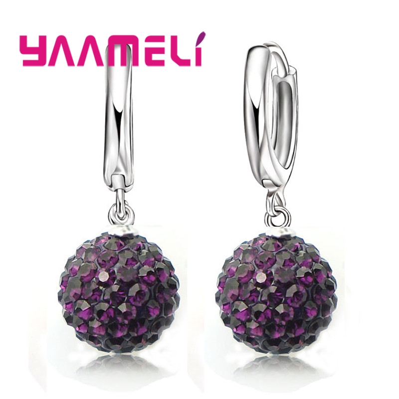 Pendientes de plata esterlina 925 para mujer y niña, aretes de cristal austriaco con bola de discoteca, aro con palanca trasera, joyería Huggie,
