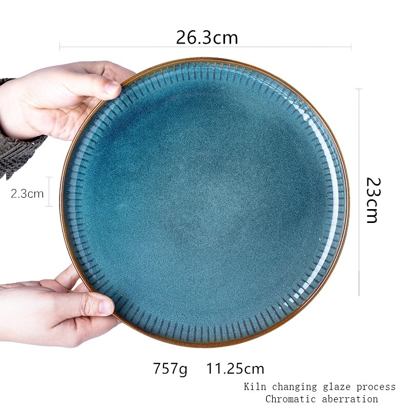 Kiln Glazing Process Ceramic Tableware Creativity Household Kitchen Supplies Blue Vintage Large Soup Bowl Plate Cup Dishes Set: G