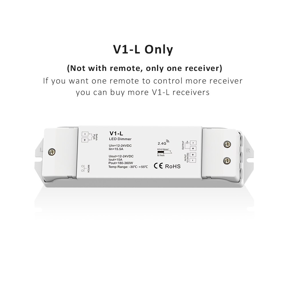 Dimmer LED 12V 24V 15A solo Color Dimmer táctil de interruptor remoto 2,4G RF Wifi inteligente inalámbrico PWM LED tira de luz remoto dímero: V1-L Receiver Only