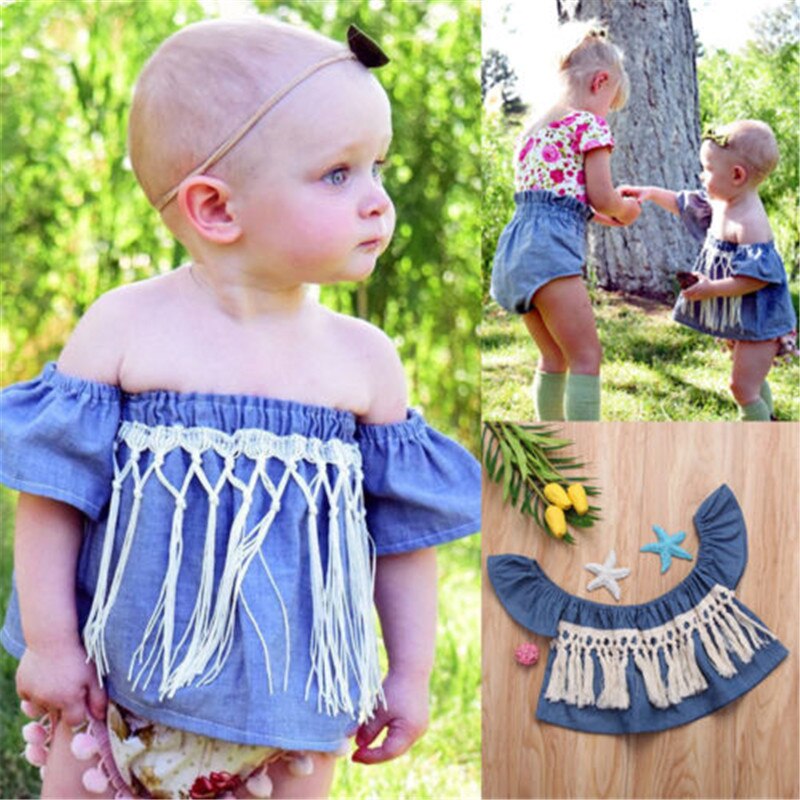 Style infantile enfant en bas âge bébé filles vêtements Denim épaules nues hauts T-shirt été Sunsuit bébé vêtements 0-24M