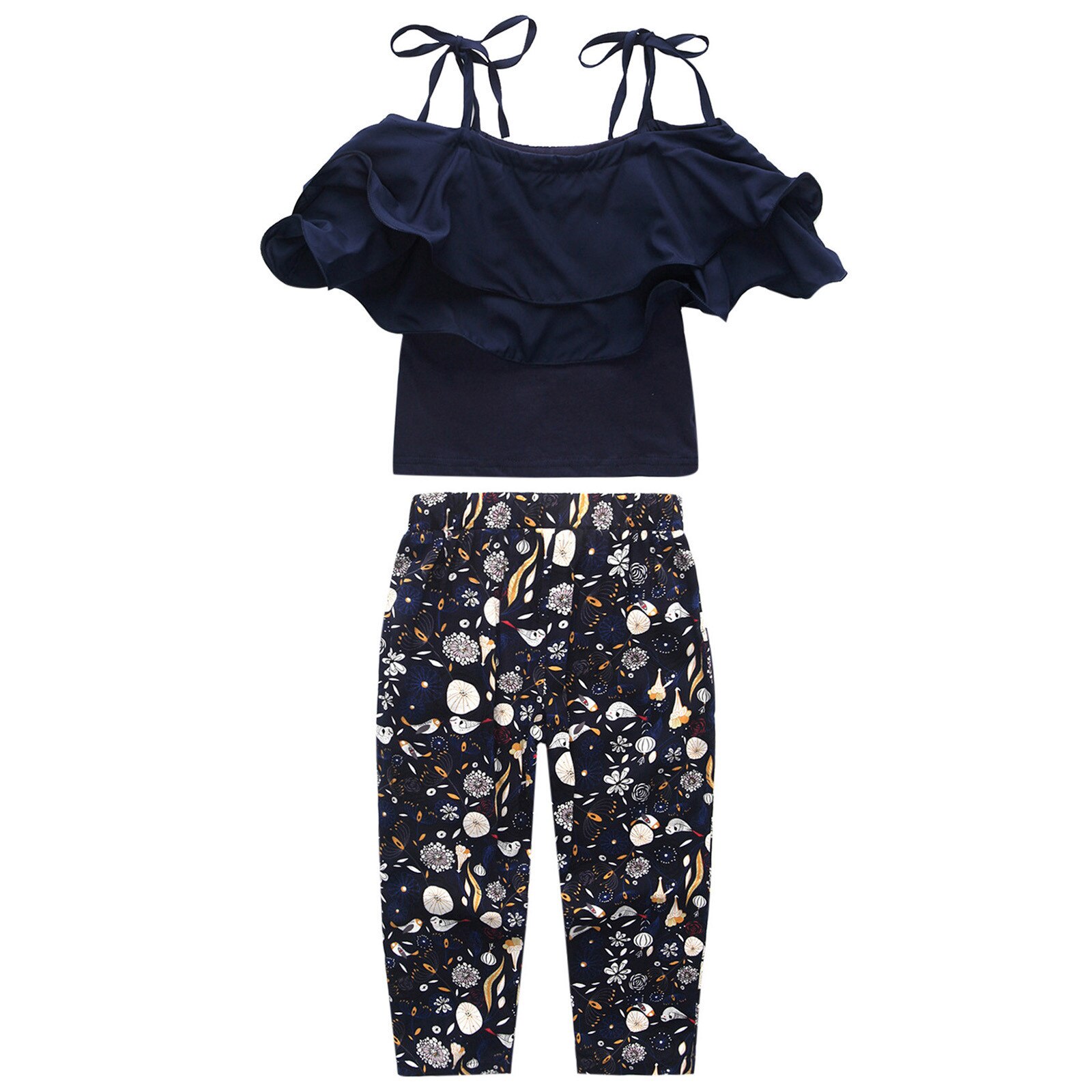 Moda bambini ragazza abbigliamento estate spalla aperta Sling Ruffle T-Shirt top + pantaloni floreali Set elegante per abiti da ragazza grande adolescente