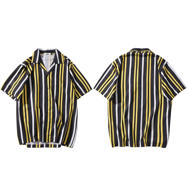 Miesten havaijilainen paita hip hop paita streetwear valkoinen sininen punainen raita paita harajuku rantapaita kesä topit lyhythihainen: A07 xq 101 keltainen / Aasialainen m