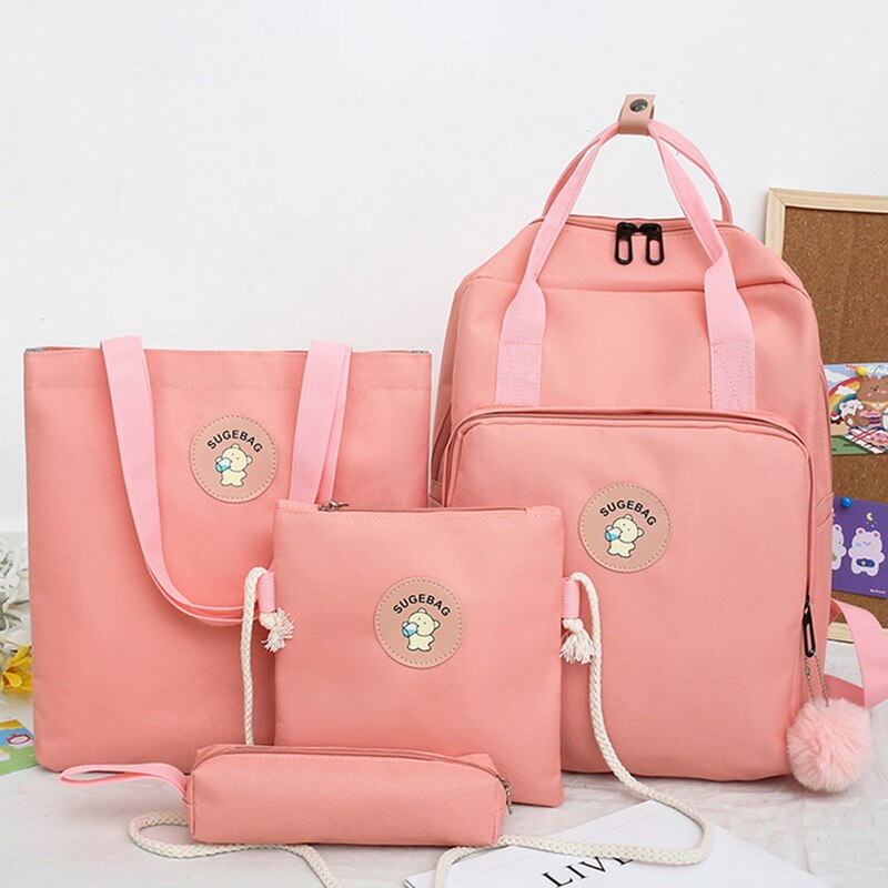4 pièces ensemble sac d'école toile femmes sac à dos collège sac pour filles Anti-vol école sac à dos Mochilas femme sac à dos: Pink