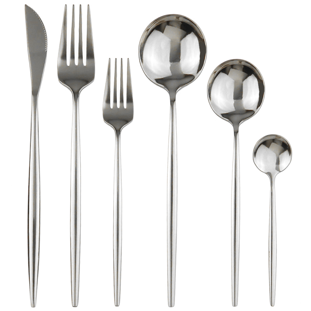 6Pcs Red Flatware Set Knife Fork Spoon Cutlery Set 304 Stainless Steel Dinnerware Set Mirror Green Gold Tableware Set Silverware: Silver