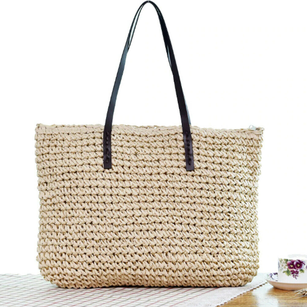 Kvinner sommer strand vintage håndlaget strikket halm rotting bag store skuldervesker boho vevd veske tote bolso playa: Beige