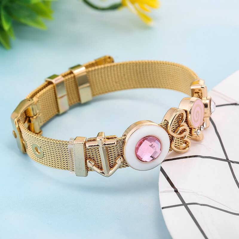 Baopon roze lolly schuifbedelarmband voor dames en kinderen, roestvrij staal, hart-tot-hart mesh armband, armbanden, sieraden