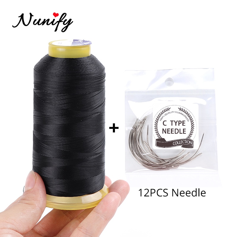 Nunify 1 Roll Black Hair Weaving Thread High Intensity Polyamide Thread 12Pcs 9Cm Weaving Needles /C Type Needles/Curved Needle