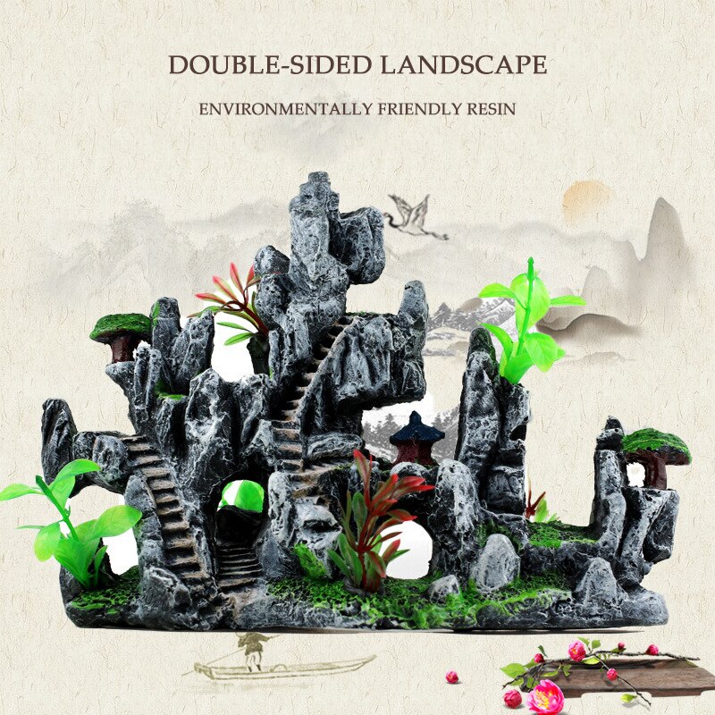 Double-Sided Fish Tank Landscaping Rockery Aquarium Resin Rock Water Plant Decoration No Dead Angle Simulation Landscape