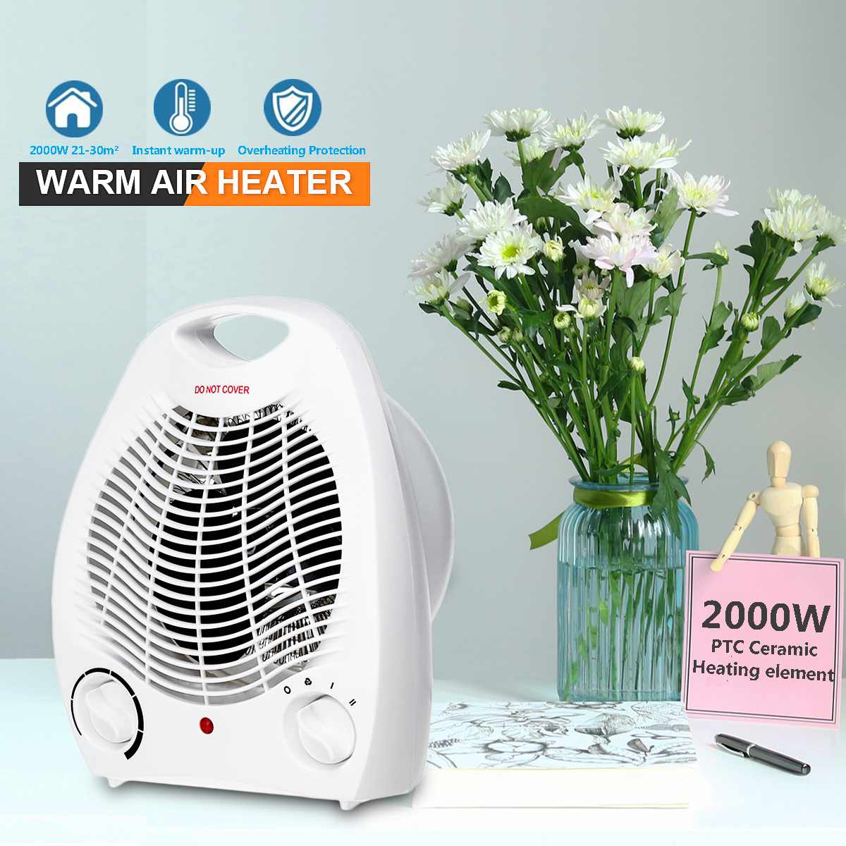 2000w elektrische kachelventilatoren voor thuiskantoor, desktop, warmeluchtverwarmer, 3 standen, instelbaar, stil, snel verwarmend, thermostaat