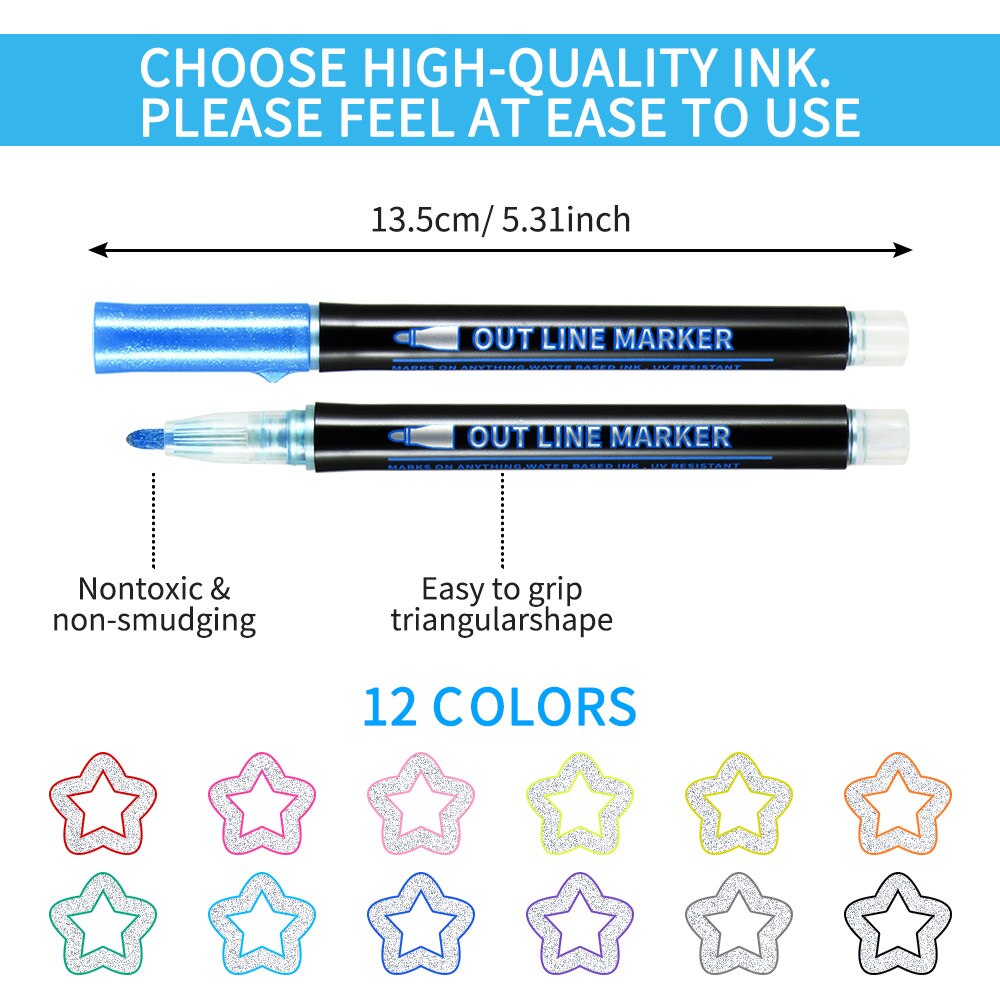 12pcs Outline Metallic Marker Pen Doodle Markers Double Line Magic Shimmer Paint Pens With 8 Small Cards