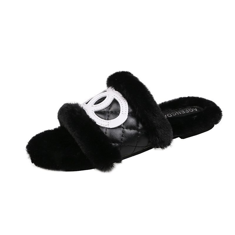 Mærke pels hjemmesko kvinder hjem fluffy sliders komfort lodne efterårs lejligheder dame sko kvindelige lodne indendørs klipklapper: Sort / 9