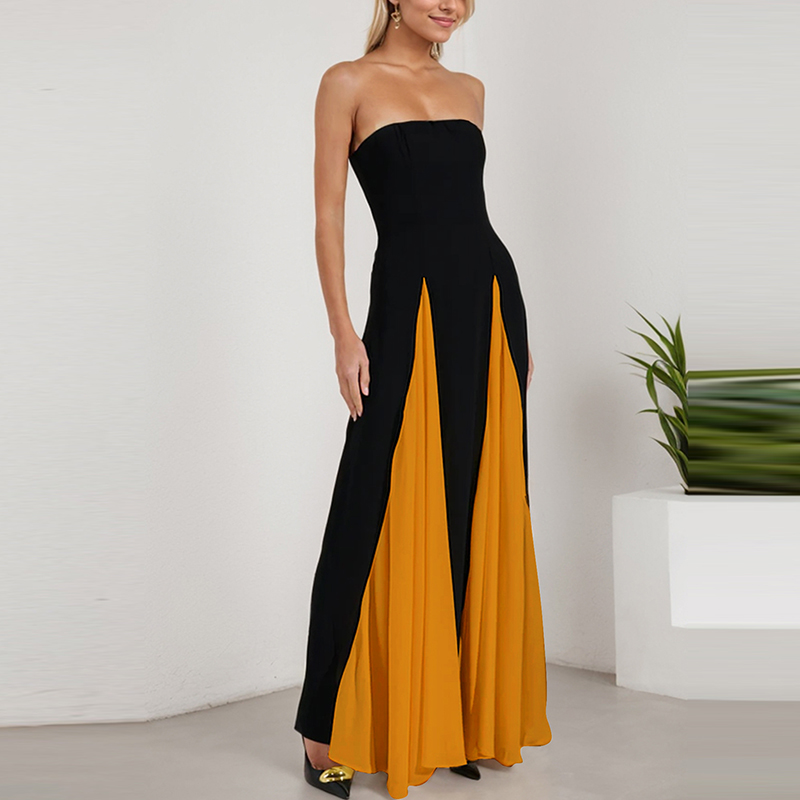 Forårskjoler med off-shoulder-motiv til kvinder sexet tube top farveblokeret patchwork lang kjole sommerkjole med ærmer og ryg