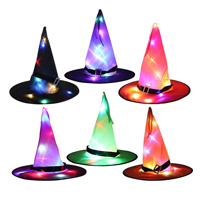 1pcs Halloween Witch Hat with LED Light Glowing Witches Hat Hanging Halloween Decor Suspension Tree Glowing Hat for Kids