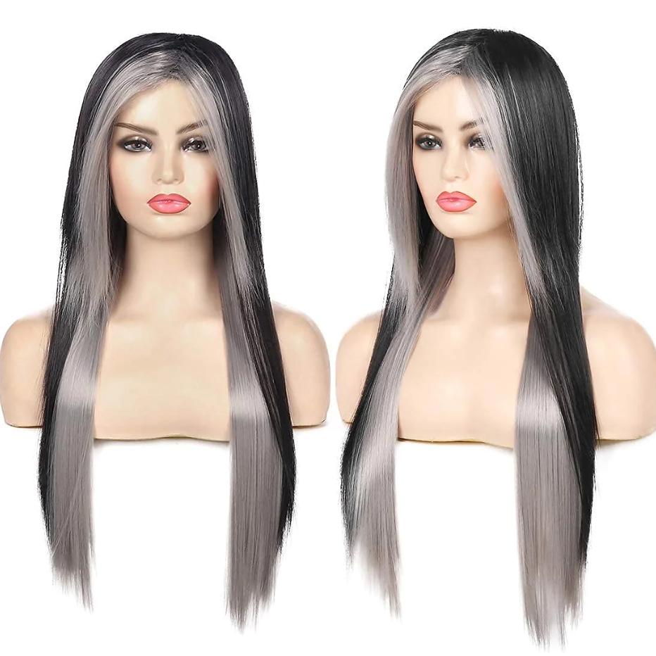 HAIRJOY Parrucca da donna per capelli sintetici lunghi rossi neri dritti resistenti al calore con frangia laterale per costume di Halloween: argento grigio