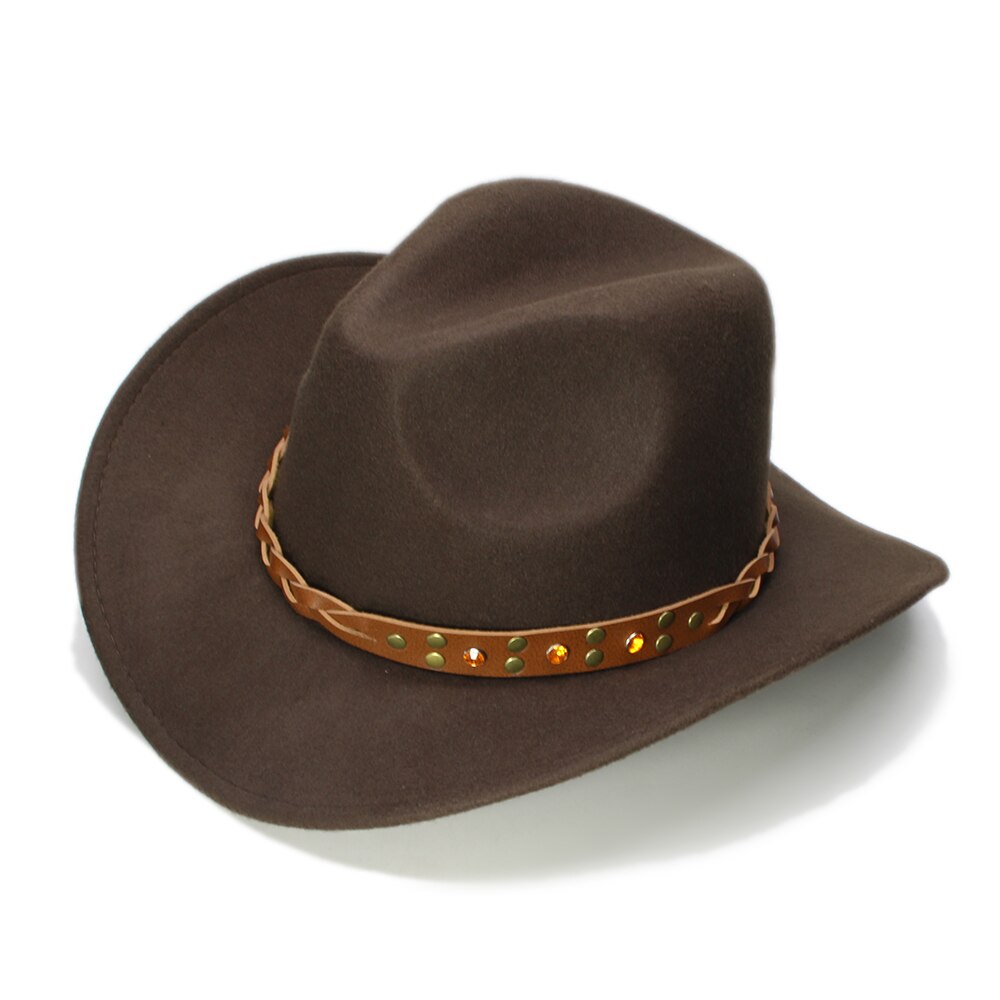 Retro Turquoise Yellow Crystal Band Parent-child Unisex /Kid Wool Wide Brim Cowboy Western Hat Cowgirl Bowler Cap (57cm/54cm)