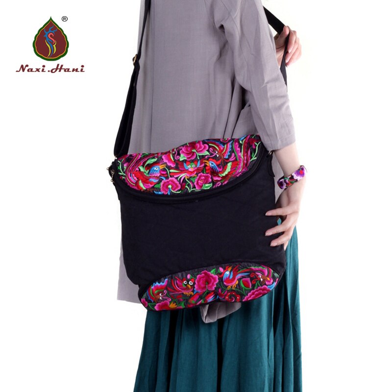 Märke broderade kvinnor väskor svart canvas axelväskor etniska budväskor boho väskor